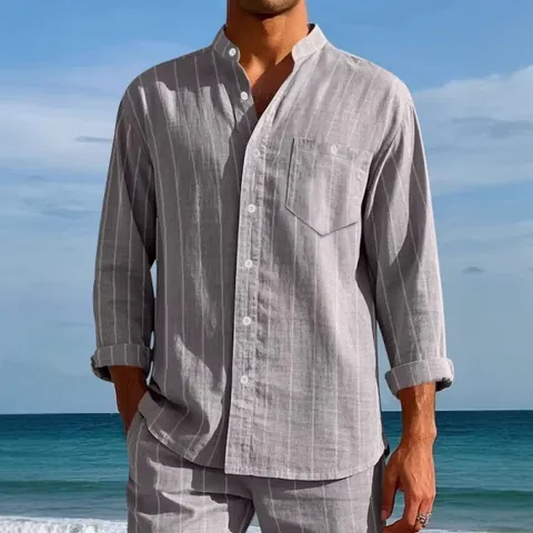 Men Casual Linen Striped Shirt Standing Collar Button Down Summer Beach Vacation Top Lightweight Breathable Shirt