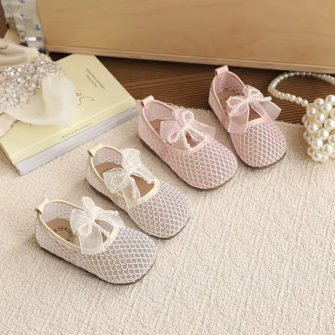 Girls Princess Sandals Breathable Mesh Bow Shoes With Pearls Rhinestone Flat Summer Korean Style Dress Shoes For Toddlers