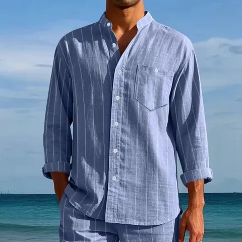 Men Casual Linen Striped Shirt Standing Collar Button Down Summer Beach Vacation Top Lightweight Breathable Shirt