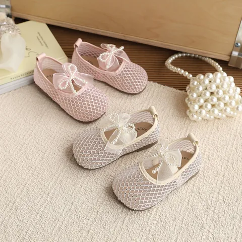 Girls Princess Sandals Breathable Mesh Bow Shoes With Pearls Rhinestone Flat Summer Korean Style Dress Shoes For Toddlers