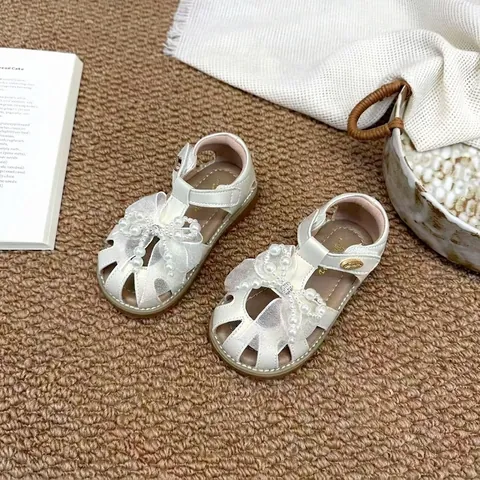 Girls Closed Toe Sandals Summer Kids Mesh Artificial Pearl Bowknot Princess Shoes Non-Slip Synthetic Leather Soft Sole Flat Shoes For Toddler Little Girls