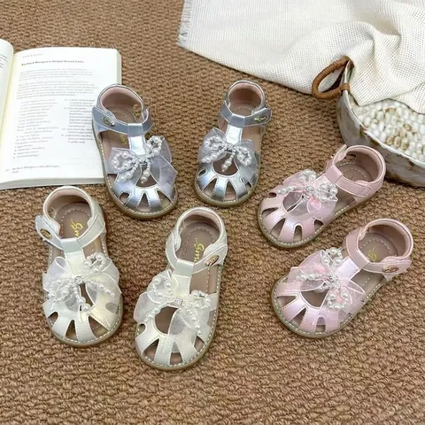 Girls Closed Toe Sandals Summer Kids Mesh Artificial Pearl Bowknot Princess Shoes Non-Slip Synthetic Leather Soft Sole Flat Shoes For Toddler Little Girls