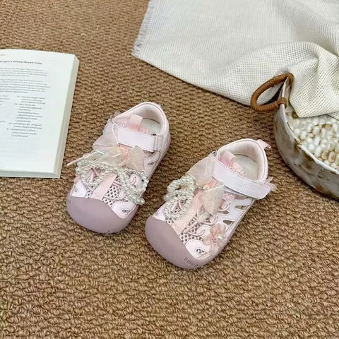 Girls' Artificial Pearl Bow Mesh Sandals Summer Korean Princess Shoes Toddler Kids Soft Sole Breathable Casual Outdoor Sandals