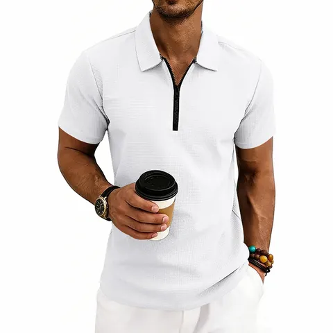 Men's Waffle Knit Polo Shirt Summer Short Sleeve Zipper Lapel Casual Commute Golf Polyester Top Solid Color Polo Shirt