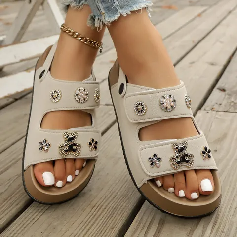Sandalias de Mujer de Suela Gruesa de Dos Vías con Dijes de Oso Diamantes de Imitación Flores Parte Superior de Gamuza Suela de Caucho