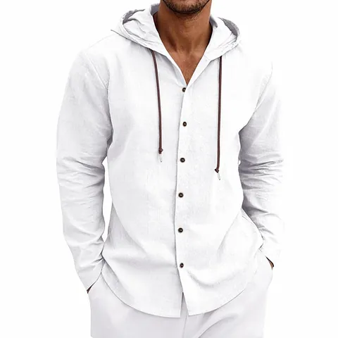 Men Casual Linen Long Sleeve Hooded Shirt Solid Color Lightweight Breathable Beach Vacation Button Down Top Blouse
