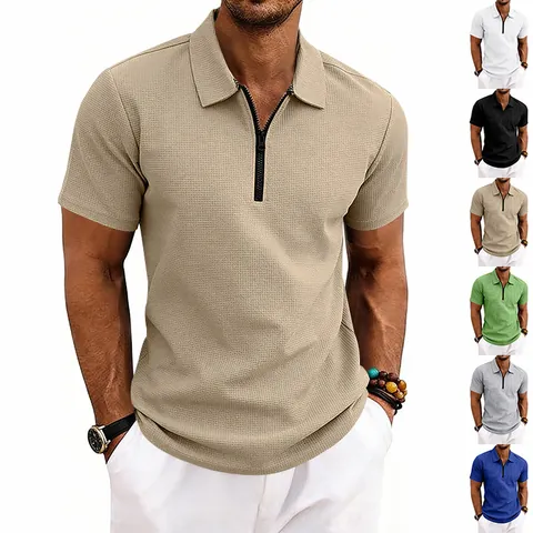 Men's Waffle Knit Polo Shirt Summer Short Sleeve Zipper Lapel Casual Commute Golf Polyester Top Solid Color Polo Shirt