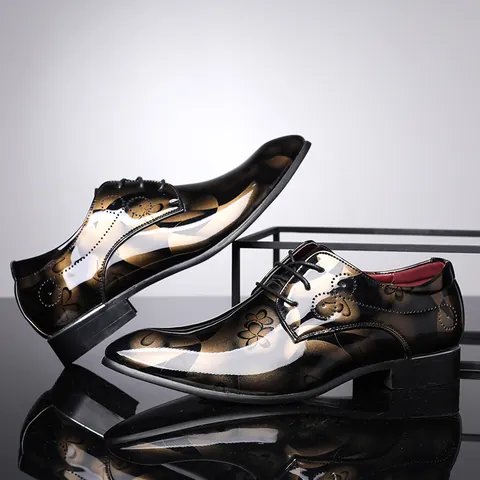 Men Business Shoes Patent Leather Floral Print Oxford Shoes British Style Lace Up Formal Wedding Party Dress Shoes For Men