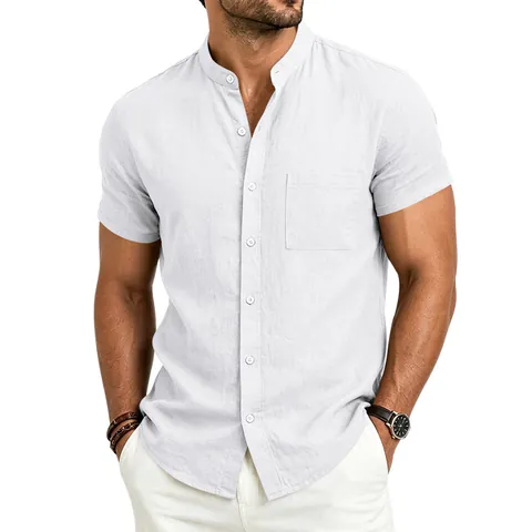 Heren Retro Linnen Opstaande Kraag Overhemd Korte Mouwen Casual Ademend Top Enkele Zak Effen Kleur Lichtgewicht Zomeroverhemd