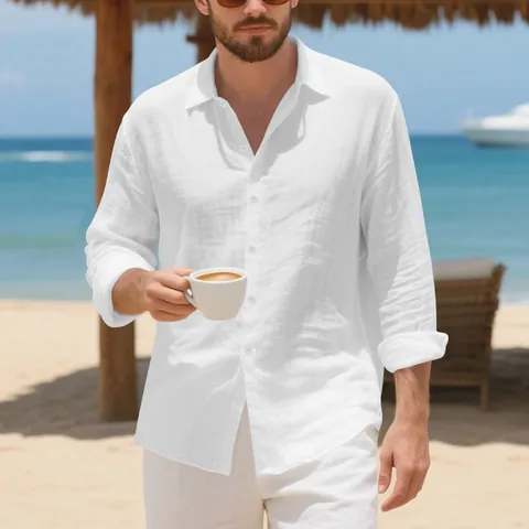 Camicia da Uomo in Lino Vestibilità Larga Americana Casual Manica Lunga Bottoni Colletto a Punta Top Estivo Spiaggia