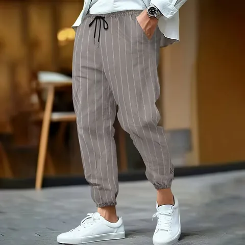 Men's Casual Linen Blend Striped Pants Loose Breathable Straight Leg Trousers Drawstring Elastic Waist Summer Men Apparel