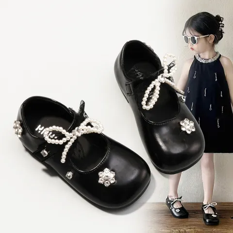 Girl Princess Mary Jane Shoes With Bowknot Rhinestone Artificial Pearl Decoration Soft Sole Party Dress Shoes