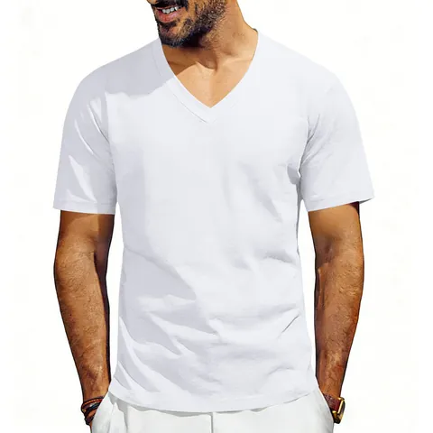 T-Shirt Homme Décontracté Col en V Manches Courtes Couleur Unie Polyester Respirant Smart Casual Été Mode Top Ample Basic Tee