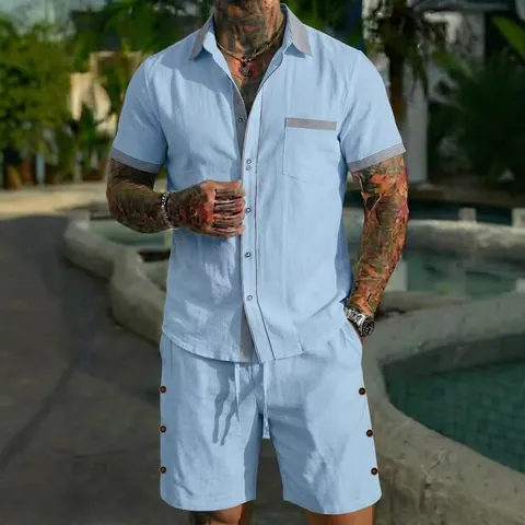 Men Casual Holiday Shirt Set Contrast Striped Patchwork Short Sleeve Top And Bottom Summer Cotton Blend Men Casual Outfit