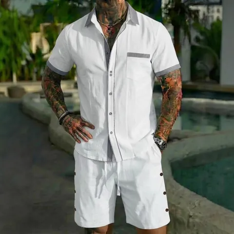 Men Casual Holiday Shirt Set Contrast Striped Patchwork Short Sleeve Top And Bottom Summer Cotton Blend Men Casual Outfit