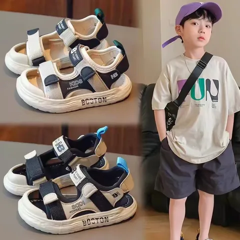 Kids Boys Summer Sport Sandals Closed Toe Non-slip Beach Shoes Synthetic Leather Rubber Sole Velcro Sandals for Big Kid