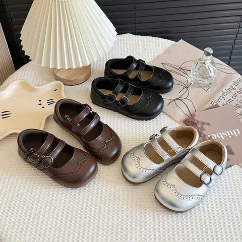 Girls Mary Jane Shoes Retro Brogue Carved Princess Flats Kids Toddler PU Leather Soft Sole Non-slip School Party Shoes