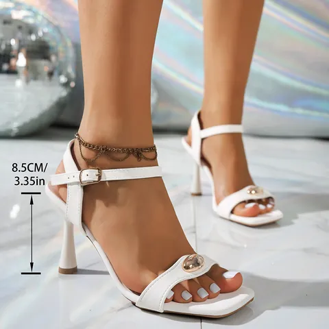 Women Stiletto High Heel Sandals PU Leather Rubber Sole Metallic Buckle Ornament Square Toe Ankle Strap Fashion Dress Shoes