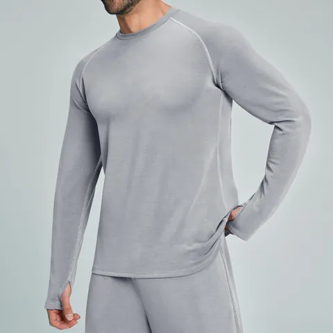 Men Long Sleeve Sport T-Shirt Polyester Modal Spandex Thumbhole Cuffs Raglan Sleeve Round Neck Wicking Activewear Top