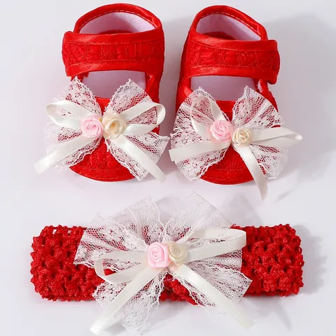Newborn Baby Girls Lace Shoes And Headband Set Cute Princess Soft Sole Anti-Slip Bow Flower Prewalker Dress Shoes For Christening Party