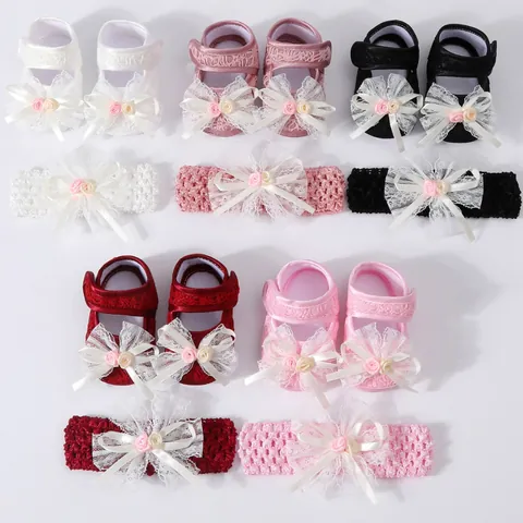 Newborn Baby Girls Lace Shoes And Headband Set Cute Princess Soft Sole Anti-Slip Bow Flower Prewalker Dress Shoes For Christening Party