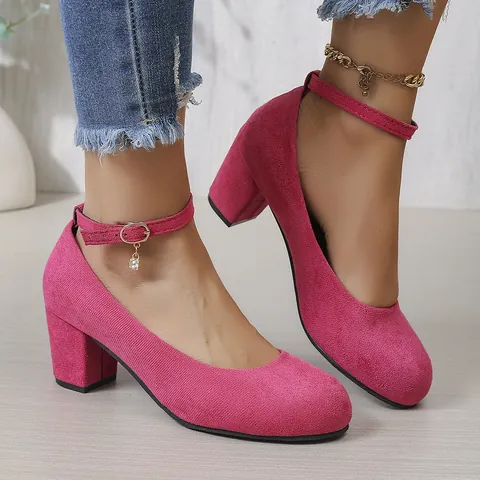Women's Round Toe Block Mid Heel Pumps Elegant Faux Suede Professional Office Shoes With Ankle Strap Metal Charm Solid Color