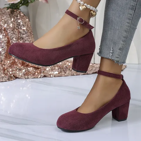 Women's Round Toe Block Mid Heel Pumps Elegant Faux Suede Professional Office Shoes With Ankle Strap Metal Charm Solid Color
