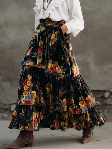 Women Bohemian Vintage High Waist Tiered Cake Skirt Floral Print Elegant Large Swing A-Line Long Maxi Skirt Streetwear