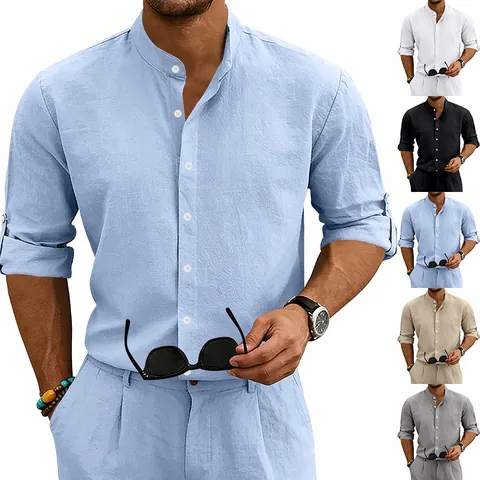 Chemise pour Hommes en Mélange de Lin Été Décontracté Col Montant Manches Retroussées Couleur Unie Léger Respirant Mode Plage