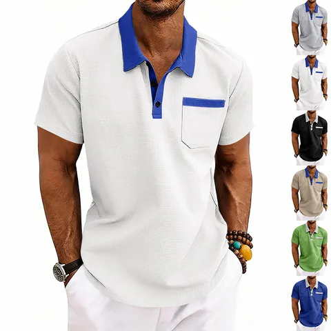 Men Waffle Knit Polo Shirt Casual Contrast Color Pocket Lapel Short Sleeve Top Loose Fit Summer Clothing