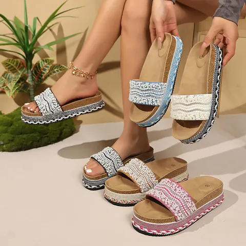 Women Platform Slippers Large Size Rhinestone Artificial Pearl Slide Sandals Thick Sole Summer Beach Vacation Shoes