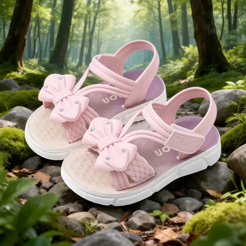 Girls Summer Sandals Comfortable Soft Sole Princess Style Bow Rhinestone Outdoor Beach Student PVC Open Toe Shoes