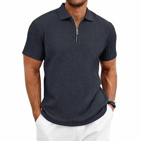 Men's Casual Knit Texture Golf Polo Shirt Short Sleeve Zipper Lapel Top Fashion Solid Color Business Casual Summer Apparel