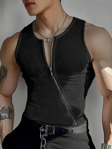 Men's Ribbed Tank Top Slim Fit Diagonal Full Zipper Sleeveless Vest Polyester Ribbed Texture Solid Color Casual Sporty Top