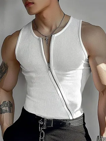 Men's Ribbed Tank Top Slim Fit Diagonal Full Zipper Sleeveless Vest Polyester Ribbed Texture Solid Color Casual Sporty Top