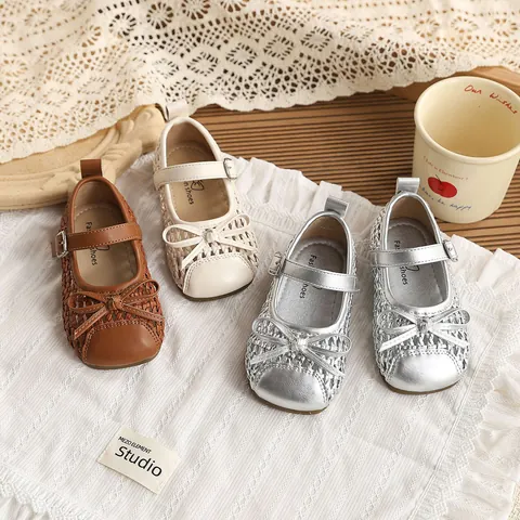 Girls Woven Hollow Out Bow Princess Sandals Toddler Synthetic Leather Closed Toe Summer Breathable Mary Jane Style Shoes