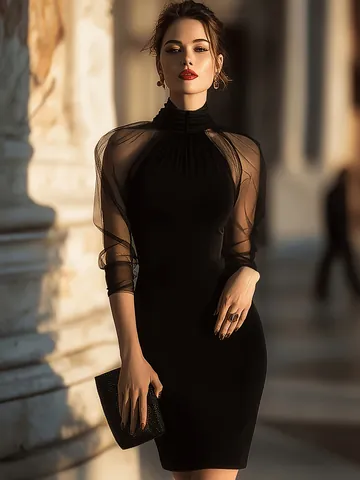 Vestido Ajustado Elegante de Cuello Alto con Manga Larga de Malla para Mujer Patchwork Sexy Fiesta Noche Vestido Midi Negro Formal