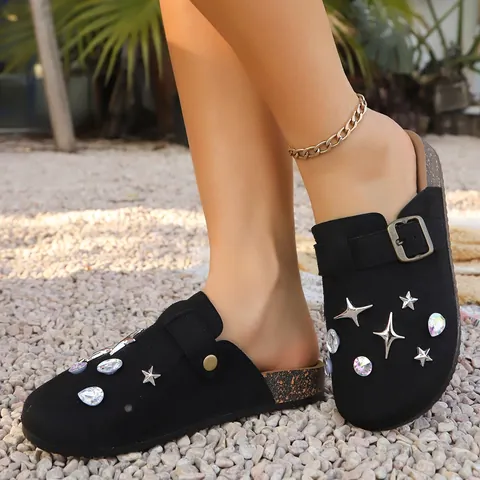 Women Rhinestone Star Studded Closed Toe Mule Slippers Faux Suede Flat Casual Slip On Comfort Shoes For Spring Autumn