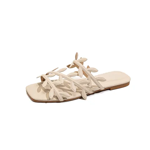 Sandales Plates pour Femmes avec Décoration de Feuille Bout Carré Microfibre Claquettes de Plage Vacances d'Été Chaussures de Marche Décontractées
