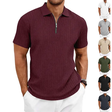 Men Casual Knit Texture Polo Shirt Zipper V-Neck Short Sleeve Golf Tee Top Summer Solid Color Basic Polo For Men