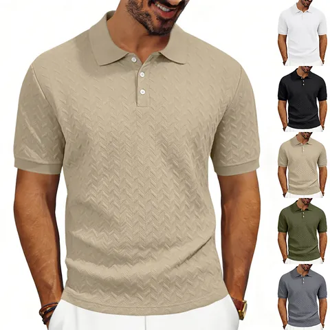 Men Polyester Jacquard Polo Shirt Slim Fit Short Sleeve Casual Top Solid Color Fashion Herringbone Textured Polo Shirt