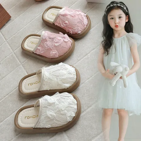 Pantuflas Cerradas de Princesa con Encaje y Rosa para Niñas Sandalias Planas Antideslizantes de Verano