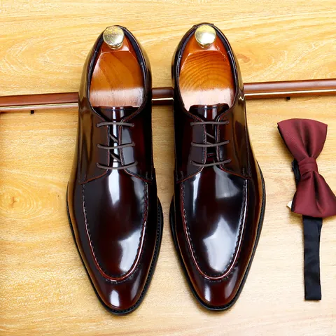 Men's British Business Style Formal Cowhide Patent Leather Shoes Glossy Stitching Lace-up Derby Dress Shoes For Banquet Wedding