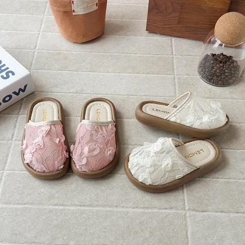 Pantuflas Cerradas de Princesa con Encaje y Rosa para Niñas Sandalias Planas Antideslizantes de Verano