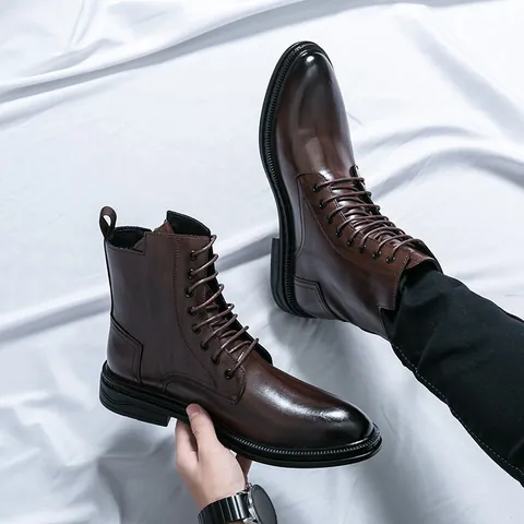 Bottes Hautes pour Hommes Style Britannique Décontracté en Cuir Synthétique Fermeture Éclair Latérale Chaussures de Mode pour Extérieur