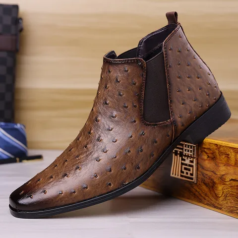 Botas Chelsea Hombre Patrón Avestruz Punta Cuadrada Moda Casual Cuero PU Botas Sin Cordones Tallas Grandes Negocios Fiesta Oficina