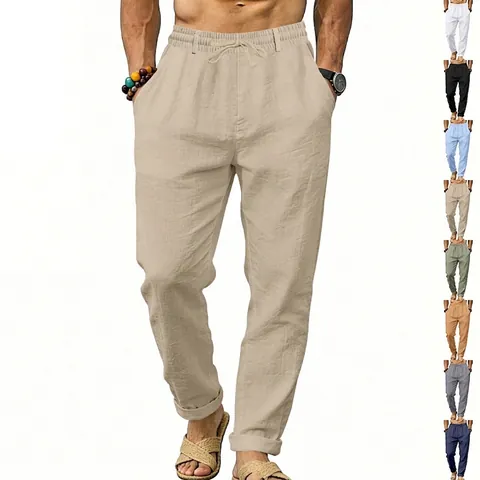 Men Casual Linen Blend Straight Leg Pants American Style Loose Fit Drawstring Elastic Waist Trousers For Vacation Daily Work