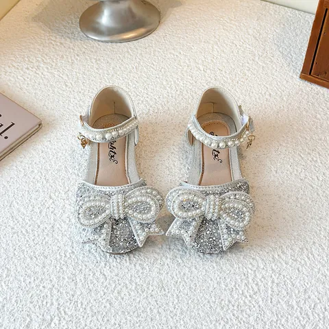 Girls Bow Rhinestone Princess Sandals Sweet Sparkling Pearls Performance Dress Shoes Summer Cutout Mary Janes Toddler Kids