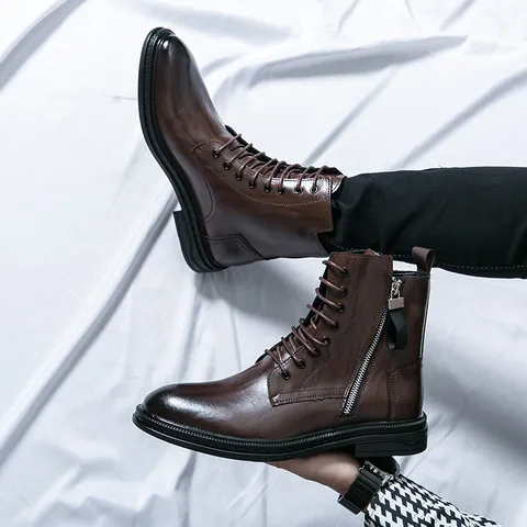 Bottes Hautes pour Hommes Style Britannique Décontracté en Cuir Synthétique Fermeture Éclair Latérale Chaussures de Mode pour Extérieur