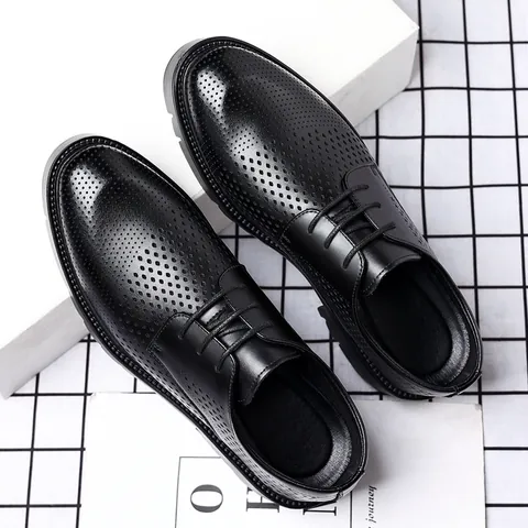 Chaussures Richelieu en Cuir pour Hommes Style Britannique Chaussures de Ville Respirantes à Hauteur Croissante Noir